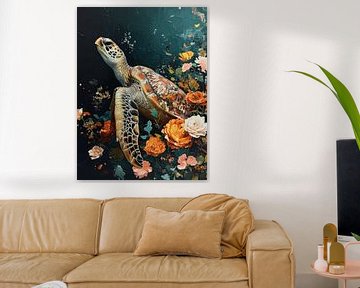 Anmutige Meeresschildkröte in einem Meer von Blumen von Eva Lee