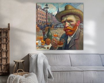 Vincent van Gogh avec un verre à liqueur sur une terrasse