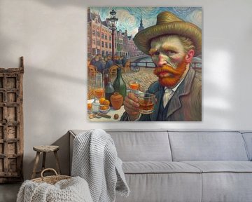 Vincent van Gogh mit Schnapsglas auf der Terrasse