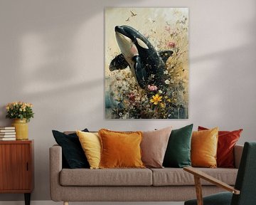 Orca in Sea of Flowers by Eva Lee