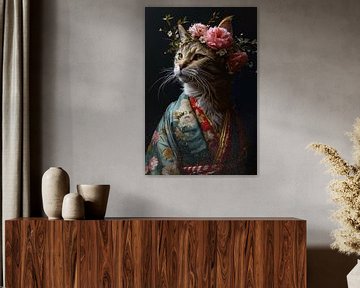 Portrait d'un chat avec fleurs et kimono sur Digitale Schilderijen