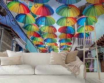 Colourful umbrella stands in Cartagena Colombia by Sonja Hogenboom