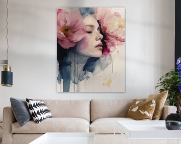 Modern portrait in pink, blue and gold by Carla Van Iersel
