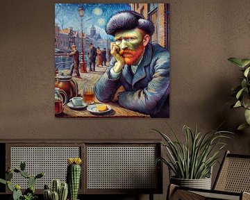 Vincent van Gogh met muts op terrasje van Digital Art Nederland