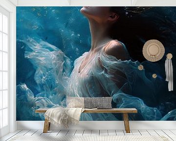Onderwater portret van een vrouwelijk model in het water van Digitale Schilderijen