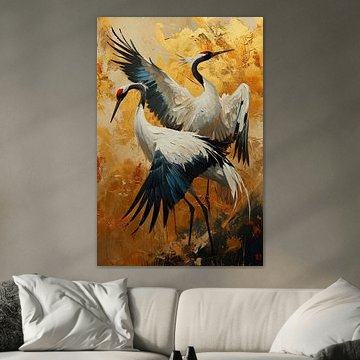 Two cranes dancing in gold