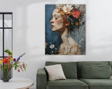 Modernes und abstraktes Porträt mit Blumen von Carla Van Iersel