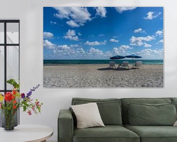 USA, Florida, Empty miami beach with two blue sunshades and three deck chairs by adventure-photos