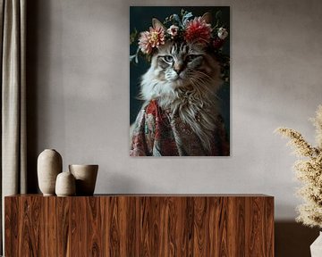 Portrait d'un chat avec des fleurs sur Digitale Schilderijen