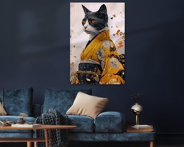 Samurai kat met gouden kimono van Digitale Schilderijen