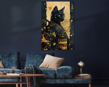 Chat samouraï noir et or sur Digitale Schilderijen