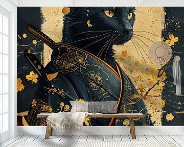 Samurai kat met zwart en goud van Digitale Schilderijen