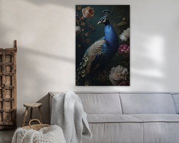 Peacock still life with flowers by Digitale Schilderijen