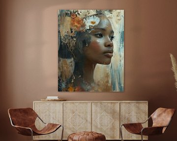 Modern portrait "Flower girl", in orange and gold by Carla Van Iersel