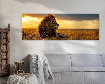 Panorama van een leeuw tijdens het gouden uur van Digitale Schilderijen