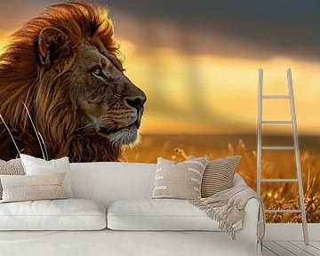 Panorama van een leeuw tijdens het gouden uur van Digitale Schilderijen