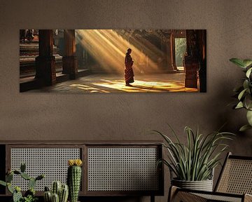 Panorama of a monk in a temple during the golden hour by Digitale Schilderijen