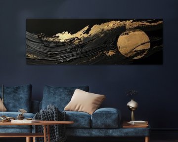 Dark abstract gold and black panorama art van Digitale Schilderijen