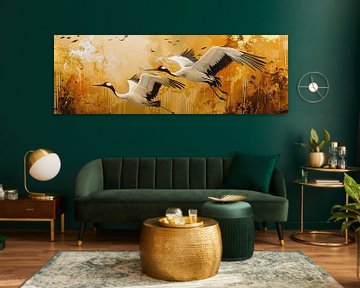 Flying cranes panorama painting by Digitale Schilderijen
