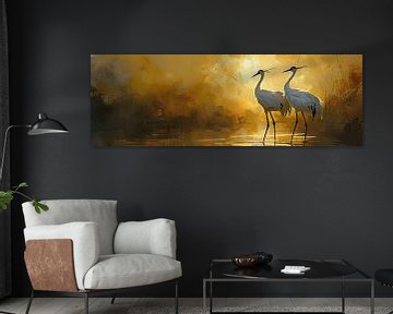 Kraanvogels als panorama schilderij van Digitale Schilderijen