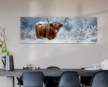 Panorama schotse hooglander in de sneeuw van Digitale Schilderijen