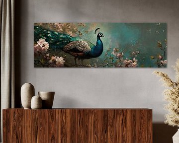 Elegantes Design eines Pfaus auf einem Panorama von Digitale Schilderijen