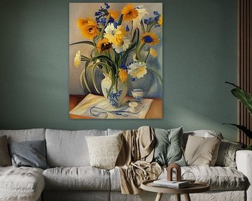 Gele bloemen en blauwe irissen in Delft vaas