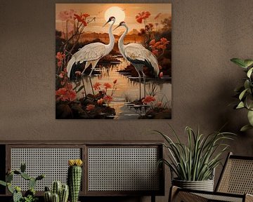 Kraanvogels Kunst Oranje van Blikvanger Schilderijen