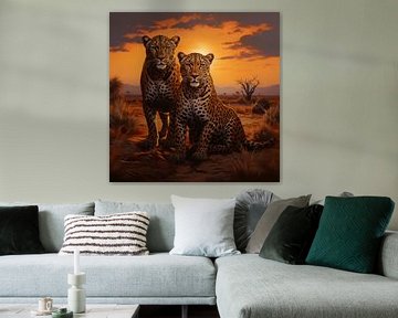 Luipaard in savanne zonsondergang van TheXclusive Art