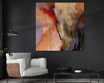 Modern abstract kleurrijk schilderij in pastelkleuren. Aardetinten, lila, verbrand oranje. van Dina Dankers