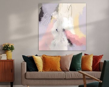 Peinture abstraite moderne aux couleurs pastel. Rose, blanc, jaune et lilas sur Dina Dankers