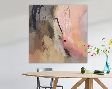 Modern abstract colorful painting in pastel colors. Warm pink, lilac, brown, black by Dina Dankers