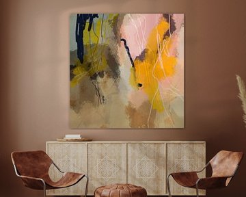 Modern abstract kleurrijk schilderij in pastelkleuren. Geel, roze, bruin, mosterd. van Dina Dankers