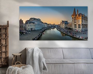 Sonnenuntergang über dem Graslei Hafen von Gent Belgien von FineArt Panorama Fotografie Hans Altenkirch