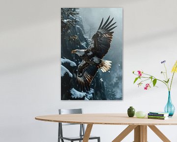 Bald eagle flies among snow-capped mountains by Digitale Schilderijen