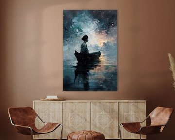 Schilderij van een eenzame vrouw in een boot van Digitale Schilderijen