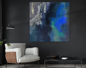 Modern abstract colorful painting in neon blue, green, black and grey by Dina Dankers