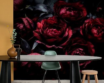 Opulent, atmospheric flowers in dark burgundy baroque roses by Floral Abstractions