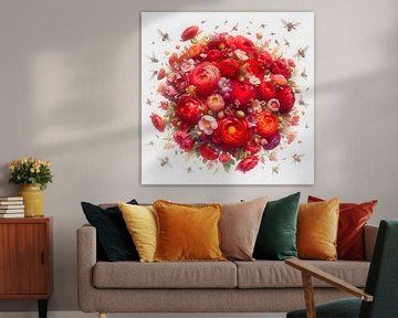 Rood boeket bloemen met insecten van Digital Art Nederland