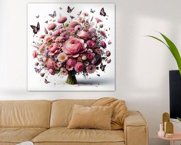 Veldboeket met roze bloemen en vlinders van Digital Art Nederland