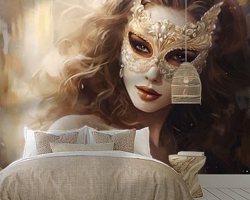 Mysterieuze Schoonheid | Gouden Masker Portret van Blikvanger Schilderijen