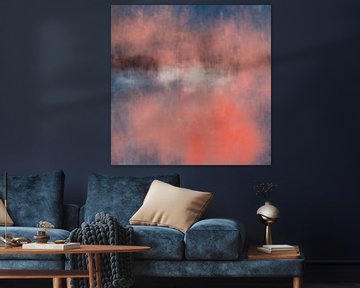 Bunte abstrakte minimalistische Landschaft in Pastellfarben. Rosa, rot, blau, warmes Braun. von Dina Dankers