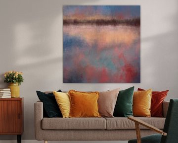 Kleurrijk abstract minimalistisch landschap in pastelkleuren. Blauw, rood, bruin en geel van Dina Dankers