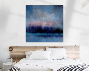 Bunte abstrakte minimalistische Landschaft in Pastellfarben. Blau, Schwarz und Rosa. von Dina Dankers