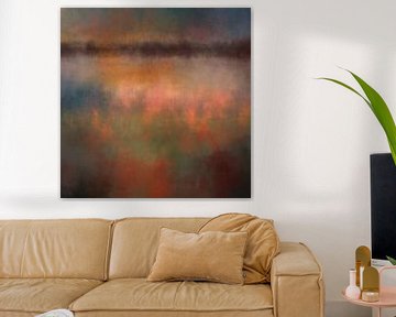 Paysage minimaliste abstrait et coloré aux couleurs pastel. Tons de terre, orange brûlé, rose et vert. sur Dina Dankers