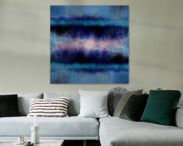 Kleurrijk abstract minimalistisch landschap in pastelkleuren. Blauw, neonroze, zwart van Dina Dankers