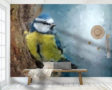 Pimpelmees op tak op een donkere bokeh achtergrond - Schilderij