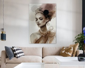 Modern and chic portrait in earth tones, watercolour by Carla Van Iersel