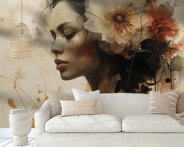 Modernes und schickes Porträt einer Frau mit Blumen in Erdtönen von Carla Van Iersel