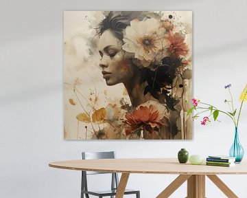 Modern en chic portret van een vrouw met bloemen in aardetinten van Carla Van Iersel